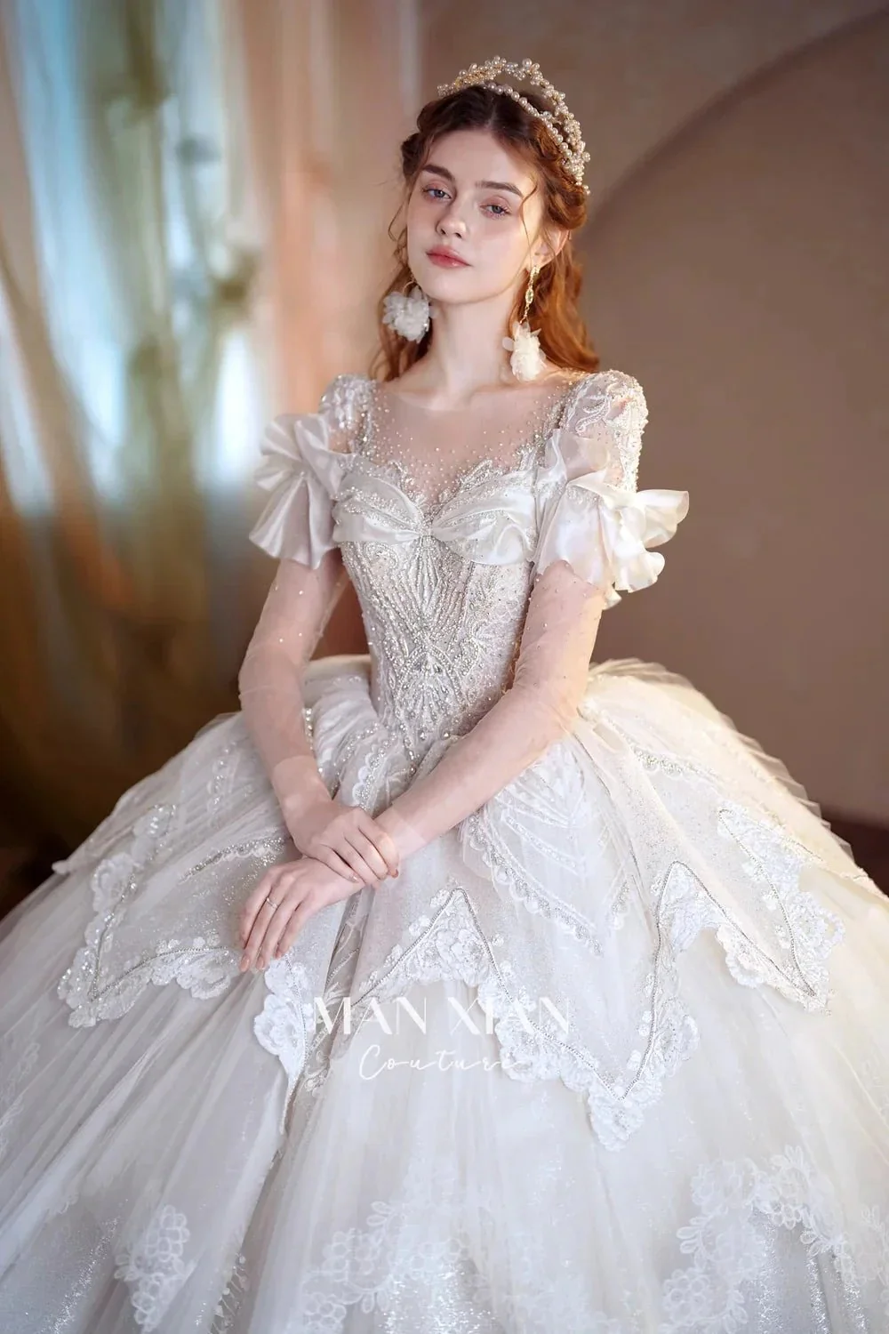 Luminous Ivory Sweetheart Glitter Tulle Ball Gown with Ruffled Sleeves, Pearl Embroidery & Lace Train M013 - Image 3