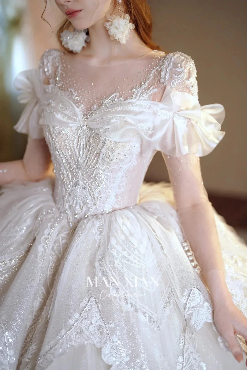 Luminous Ivory Sweetheart Glitter Tulle Ball Gown with Ruffled Sleeves, Pearl Embroidery & Lace Train M013 - Image 4