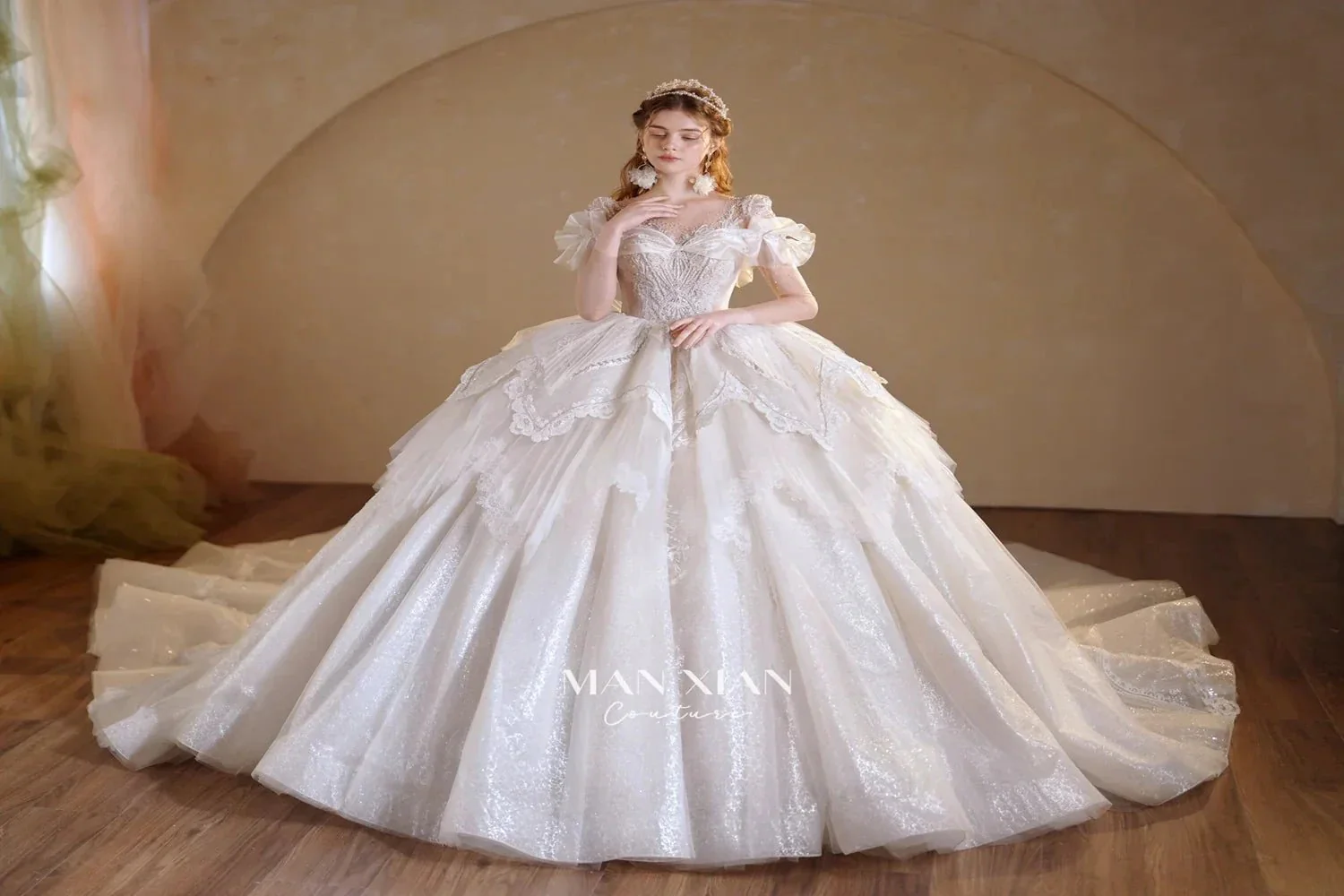 Luminous Ivory Sweetheart Glitter Tulle Ball Gown with Ruffled Sleeves, Pearl Embroidery & Lace Train M013 - Image 5