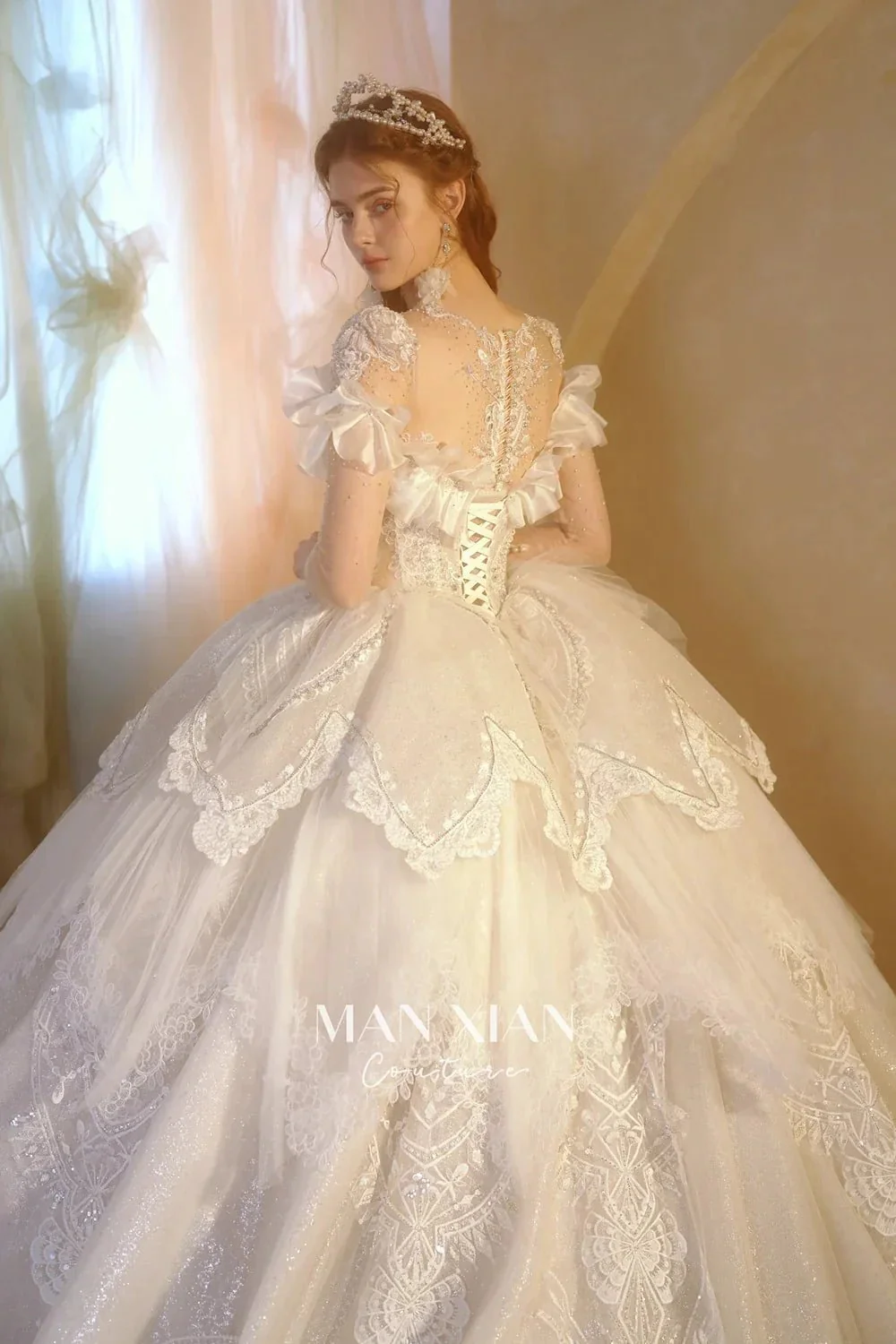 Luminous Ivory Sweetheart Glitter Tulle Ball Gown with Ruffled Sleeves, Pearl Embroidery & Lace Train M013 - Image 6