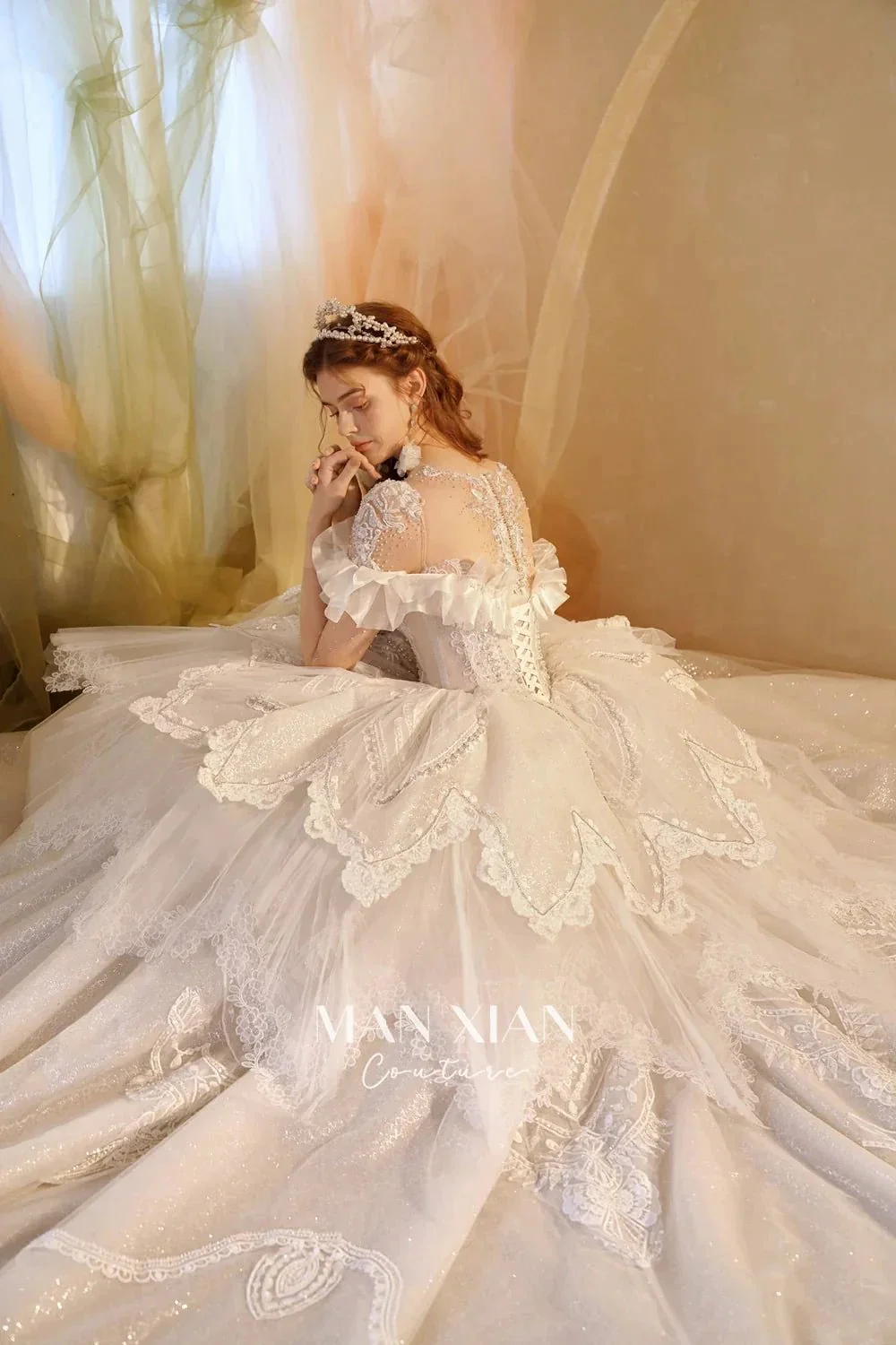 Luminous Ivory Sweetheart Glitter Tulle Ball Gown with Ruffled Sleeves, Pearl Embroidery & Lace Train M013 - Image 7