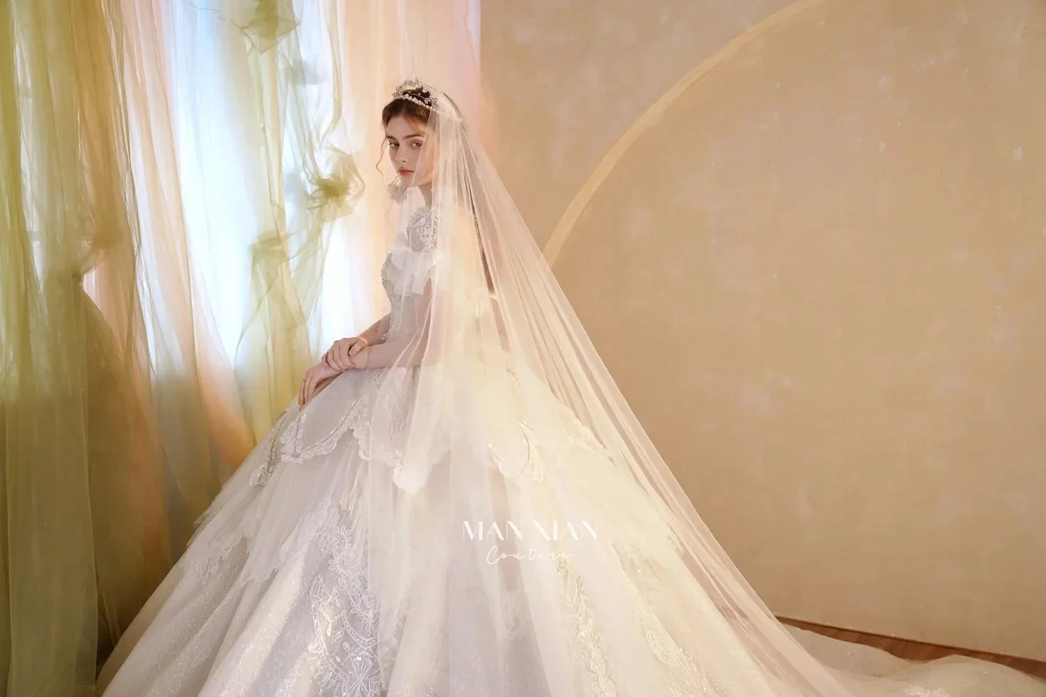 Luminous Ivory Sweetheart Glitter Tulle Ball Gown with Ruffled Sleeves, Pearl Embroidery & Lace Train M013 - Image 8