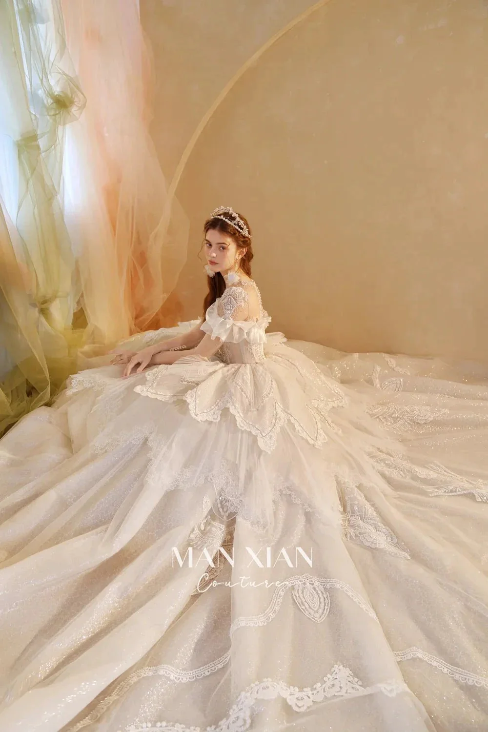 Luminous Ivory Sweetheart Glitter Tulle Ball Gown with Ruffled Sleeves, Pearl Embroidery & Lace Train M013 - Image 9