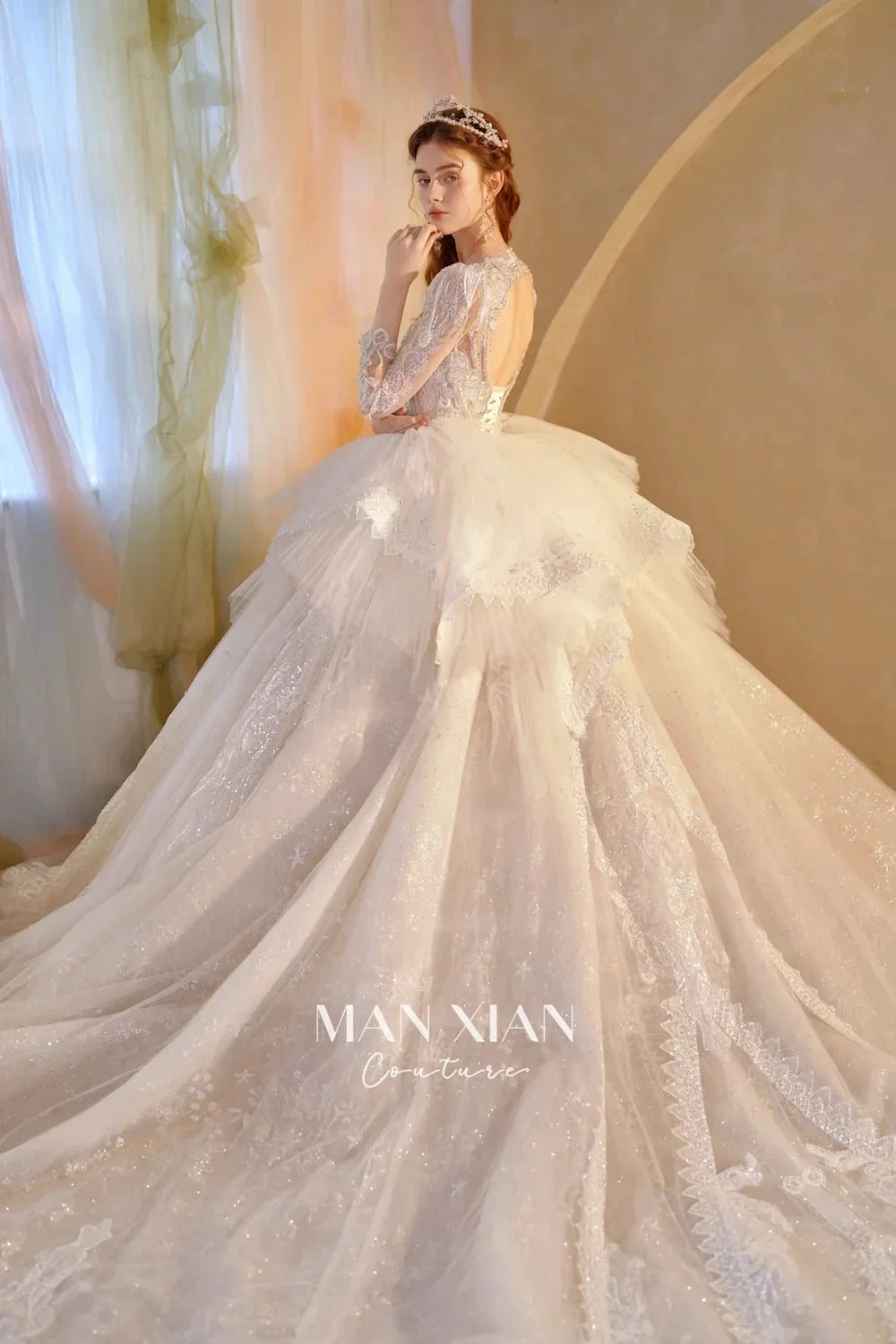 Luminous Ivory V-Neck Glitter Tulle Ball Gown with Beaded Lace, Sheer Sleeves & Draped Ruffle Train N001 - Image 10