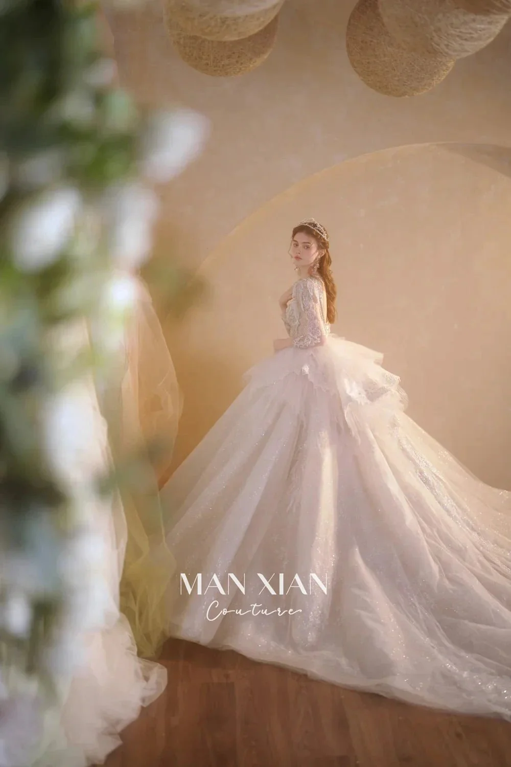 Luminous Ivory V-Neck Glitter Tulle Ball Gown with Beaded Lace, Sheer Sleeves & Draped Ruffle Train N001 - Image 11