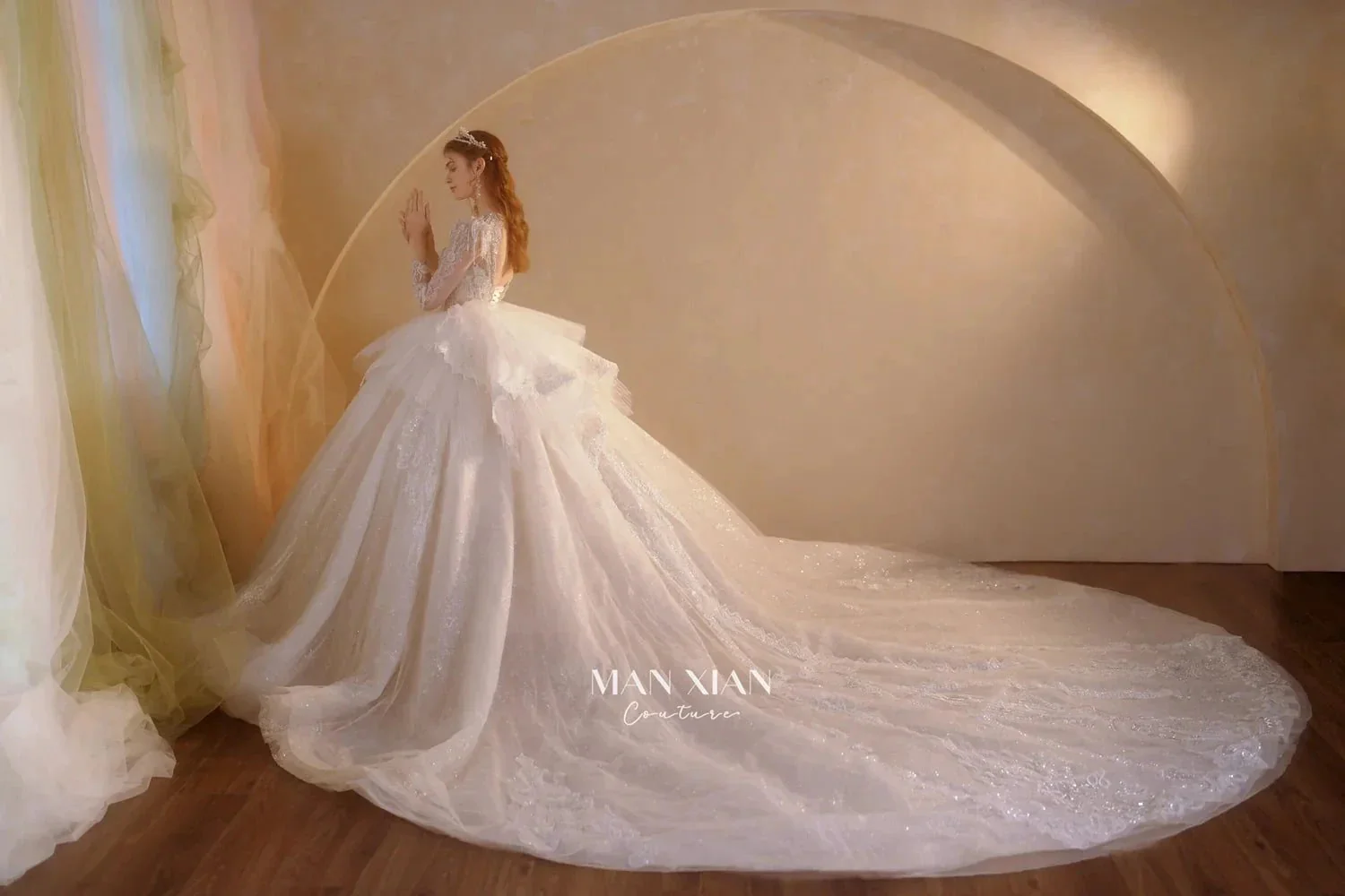 Luminous Ivory V-Neck Glitter Tulle Ball Gown with Beaded Lace, Sheer Sleeves & Draped Ruffle Train N001 - Image 12