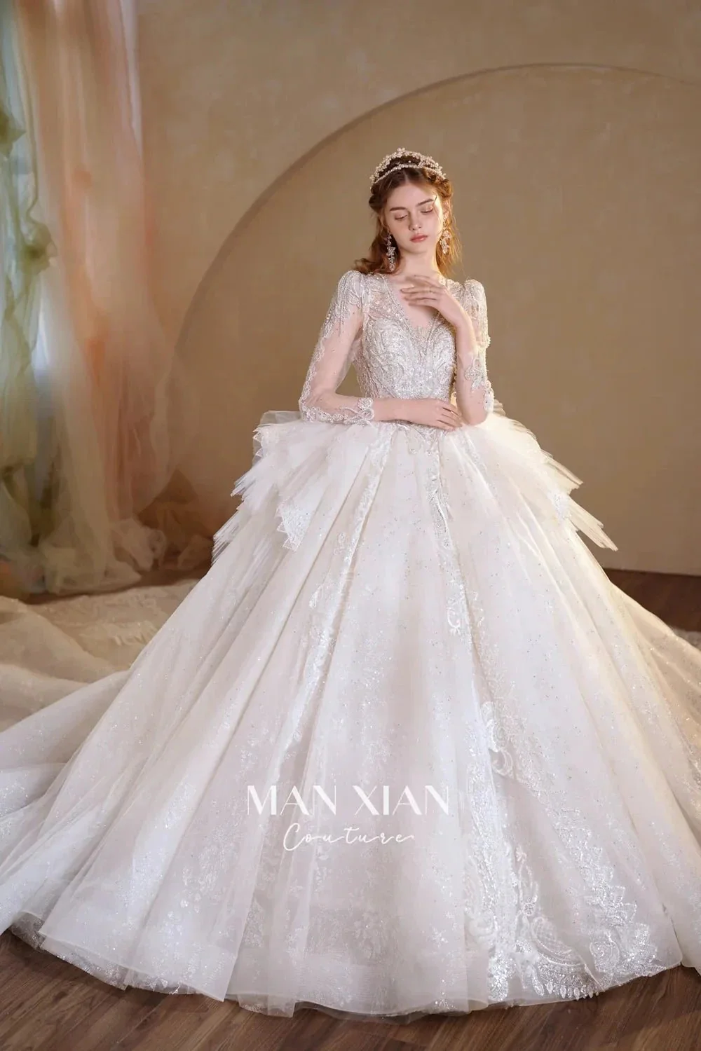 Luminous Ivory V-Neck Glitter Tulle Ball Gown with Beaded Lace, Sheer Sleeves & Draped Ruffle Train N001 - Image 2