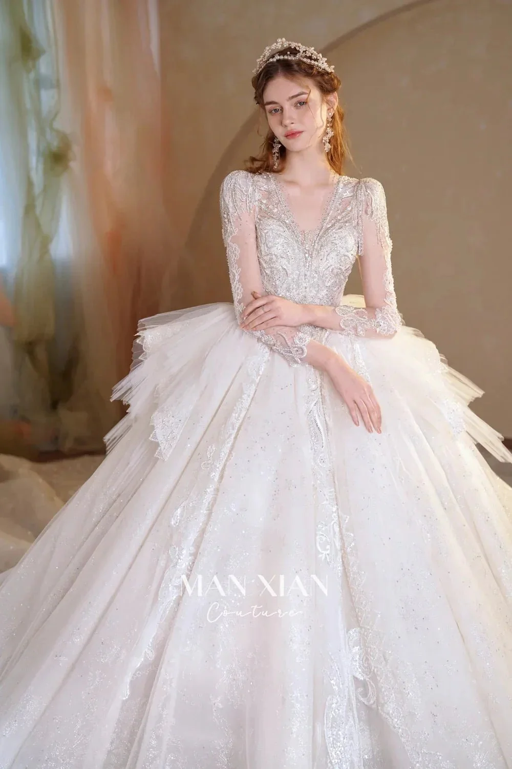 Luminous Ivory V-Neck Glitter Tulle Ball Gown with Beaded Lace, Sheer Sleeves & Draped Ruffle Train N001 - Image 3