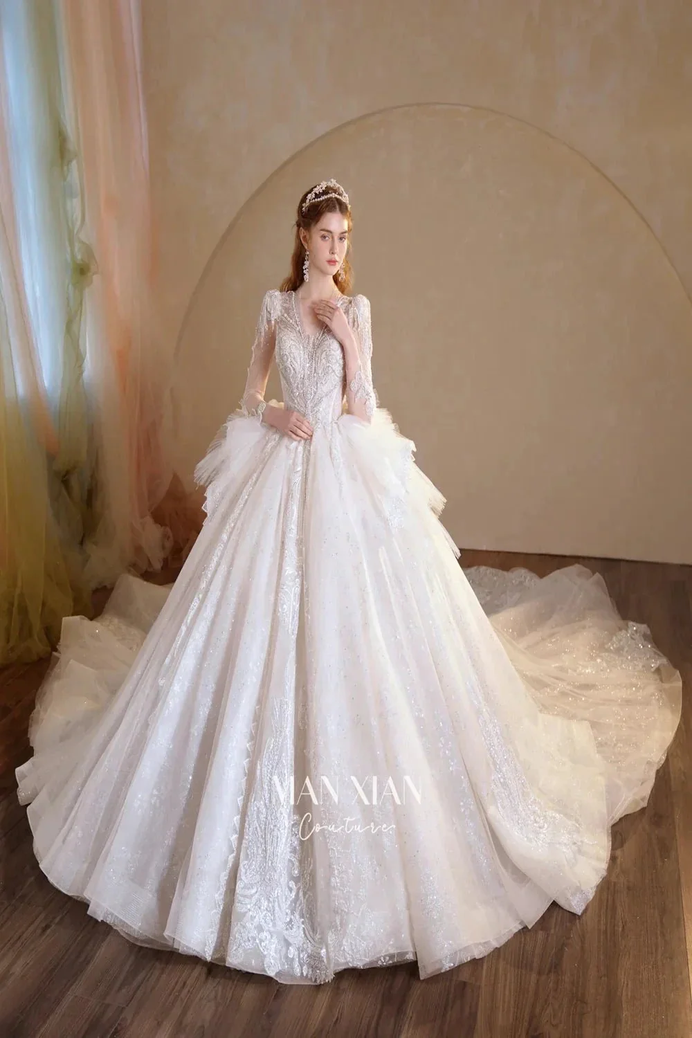 Luminous Ivory V-Neck Glitter Tulle Ball Gown with Beaded Lace, Sheer Sleeves & Draped Ruffle Train N001 - Image 4