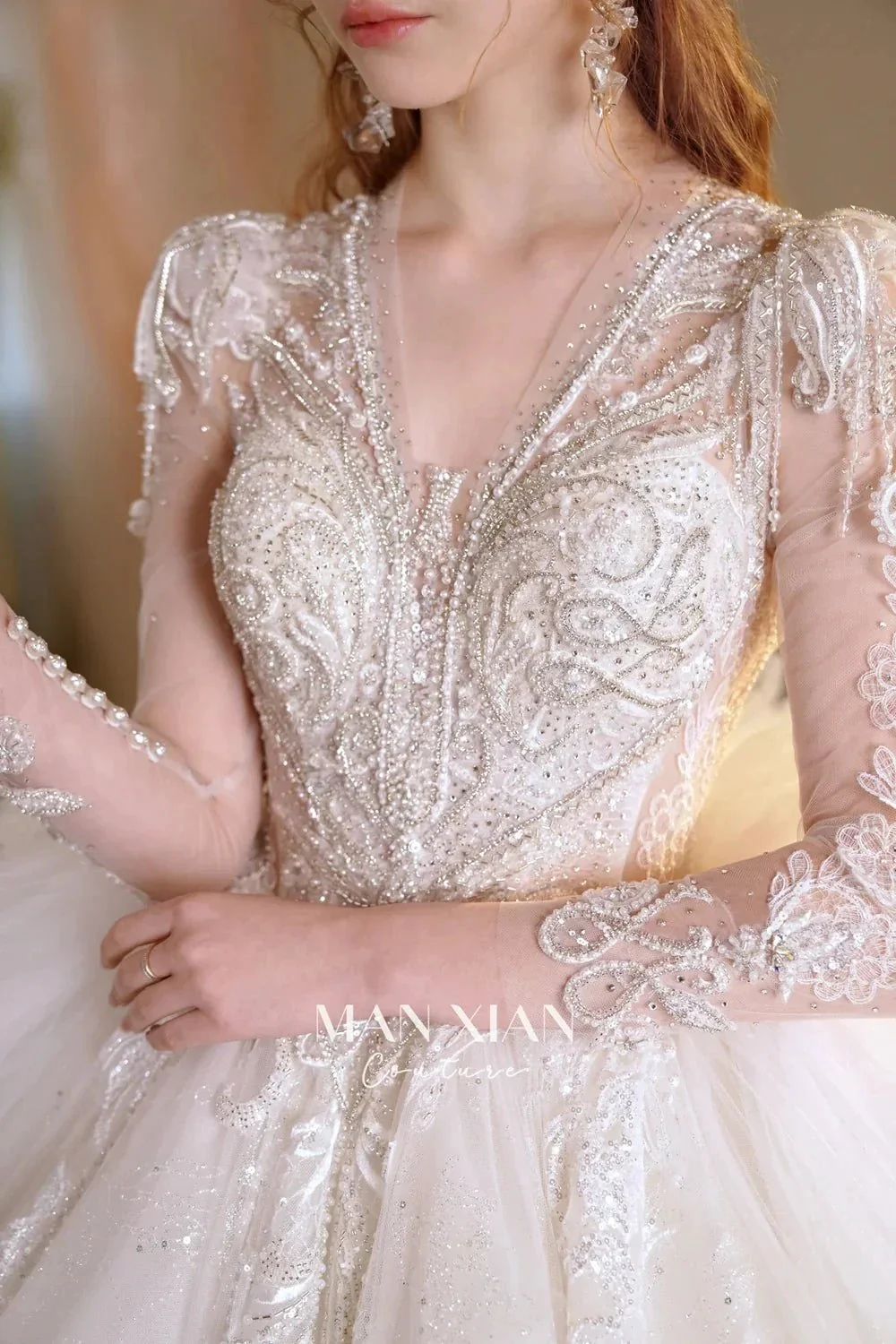 Luminous Ivory V-Neck Glitter Tulle Ball Gown with Beaded Lace, Sheer Sleeves & Draped Ruffle Train N001 - Image 5