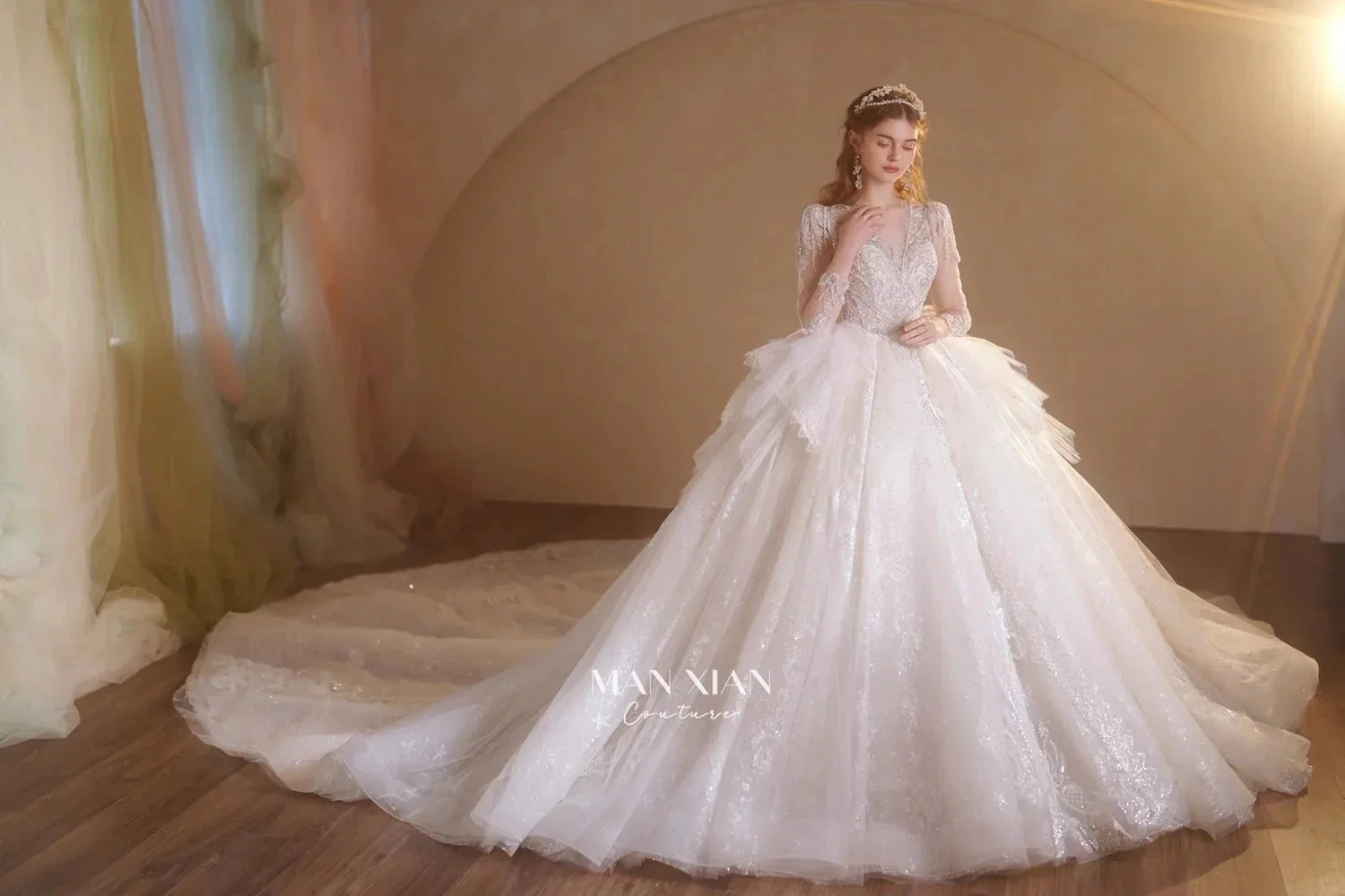Luminous Ivory V-Neck Glitter Tulle Ball Gown with Beaded Lace, Sheer Sleeves & Draped Ruffle Train N001 - Image 6