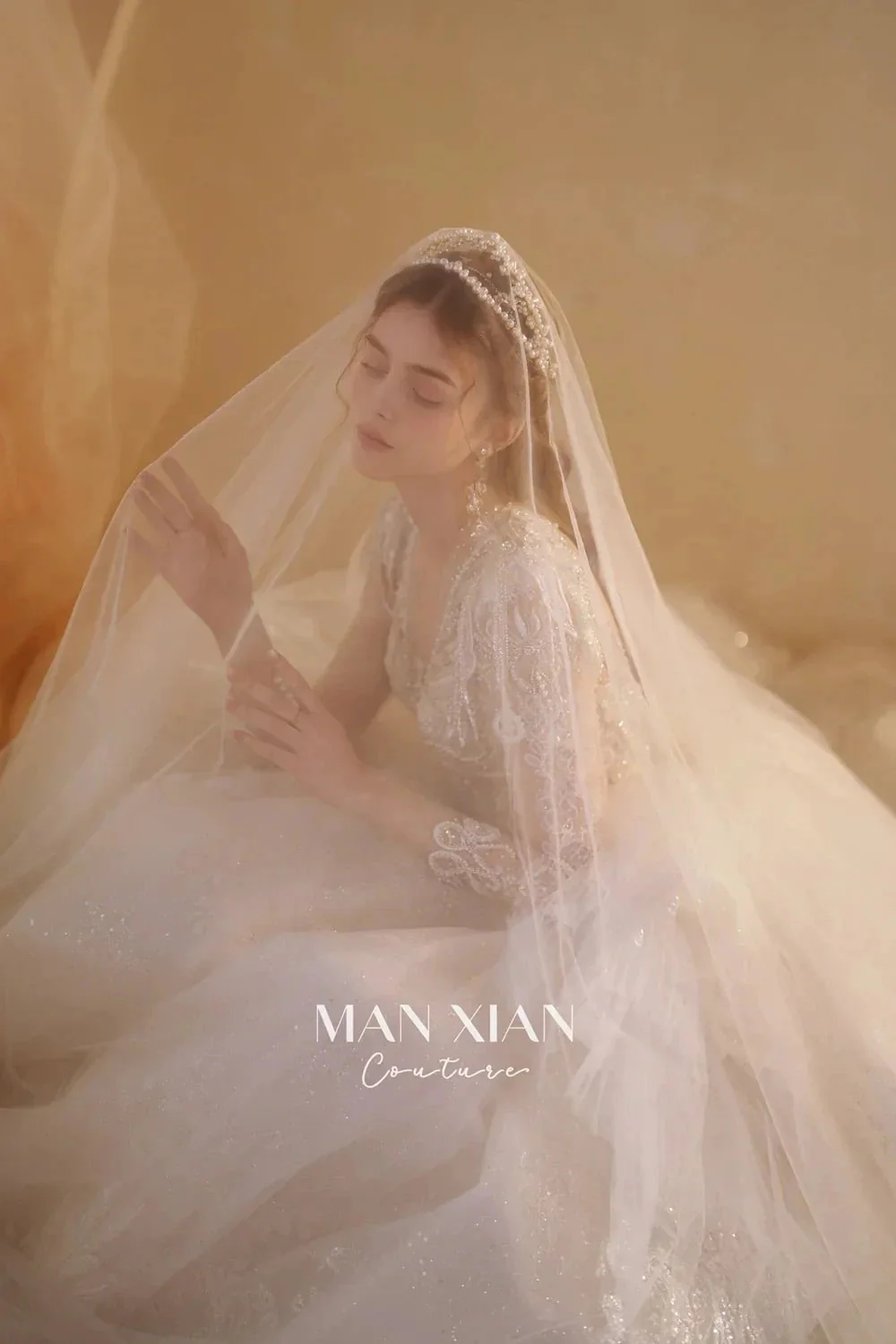 Luminous Ivory V-Neck Glitter Tulle Ball Gown with Beaded Lace, Sheer Sleeves & Draped Ruffle Train N001 - Image 7
