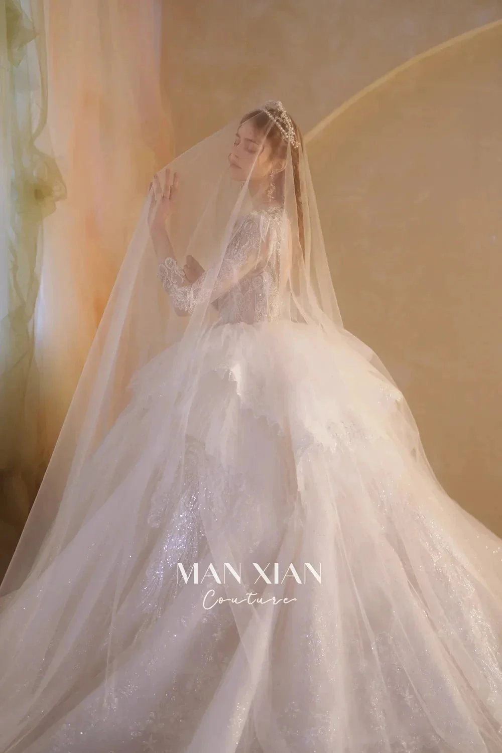 Luminous Ivory V-Neck Glitter Tulle Ball Gown with Beaded Lace, Sheer Sleeves & Draped Ruffle Train N001 - Image 8