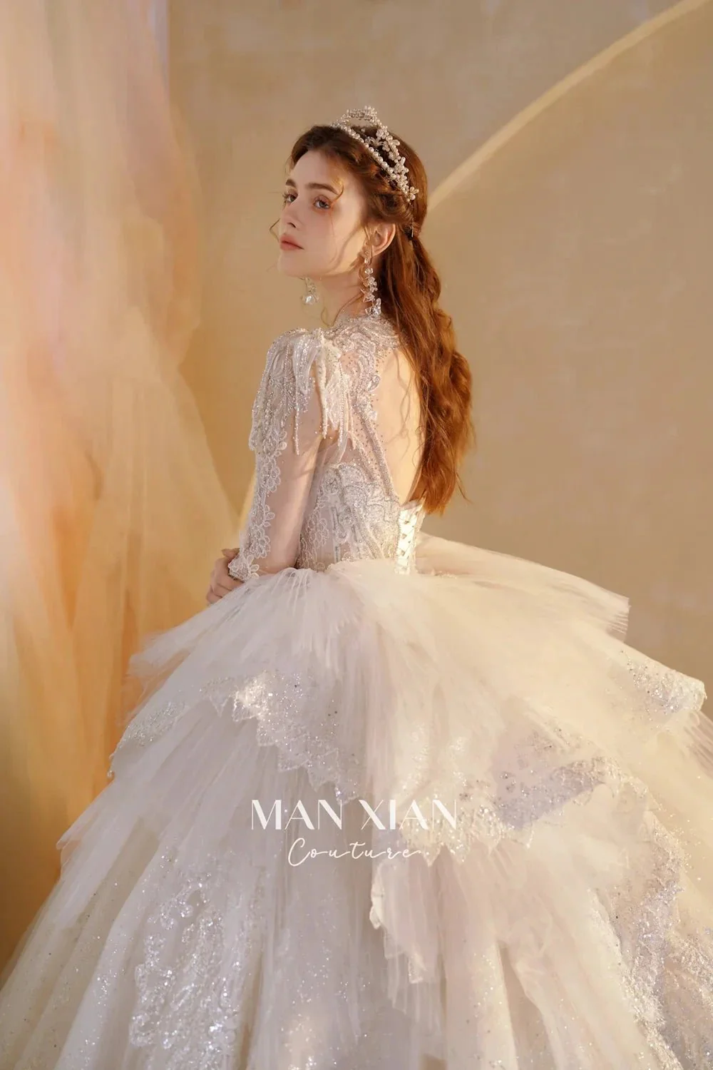 Luminous Ivory V-Neck Glitter Tulle Ball Gown with Beaded Lace, Sheer Sleeves & Draped Ruffle Train N001 - Image 9