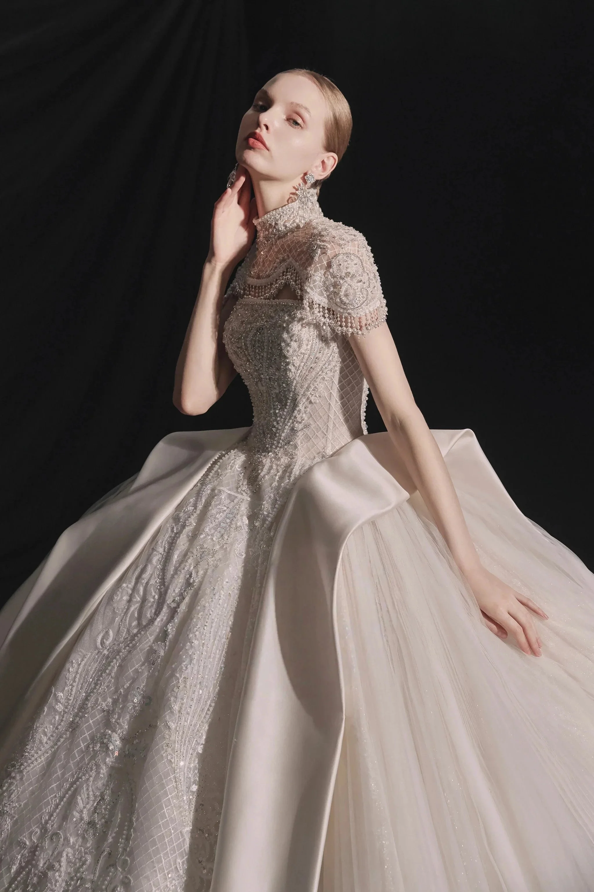 Regal High-Neck Ball Gown Beaded Mesh Capelet Satin Panel Wedding Dress with Embroidered Train Q6005 - Image 2