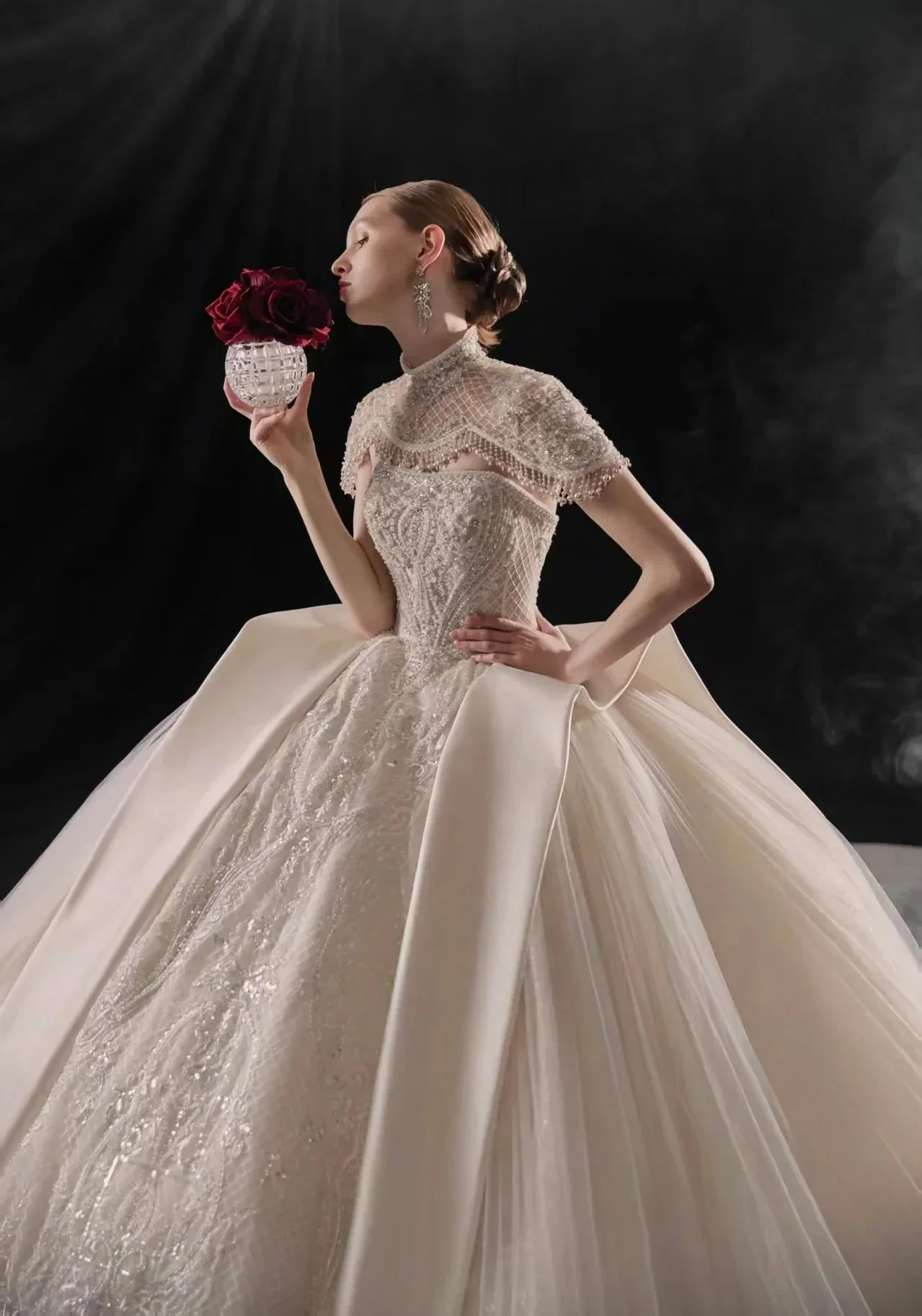 Regal High-Neck Ball Gown Beaded Mesh Capelet Satin Panel Wedding Dress with Embroidered Train Q6005 - Image 3