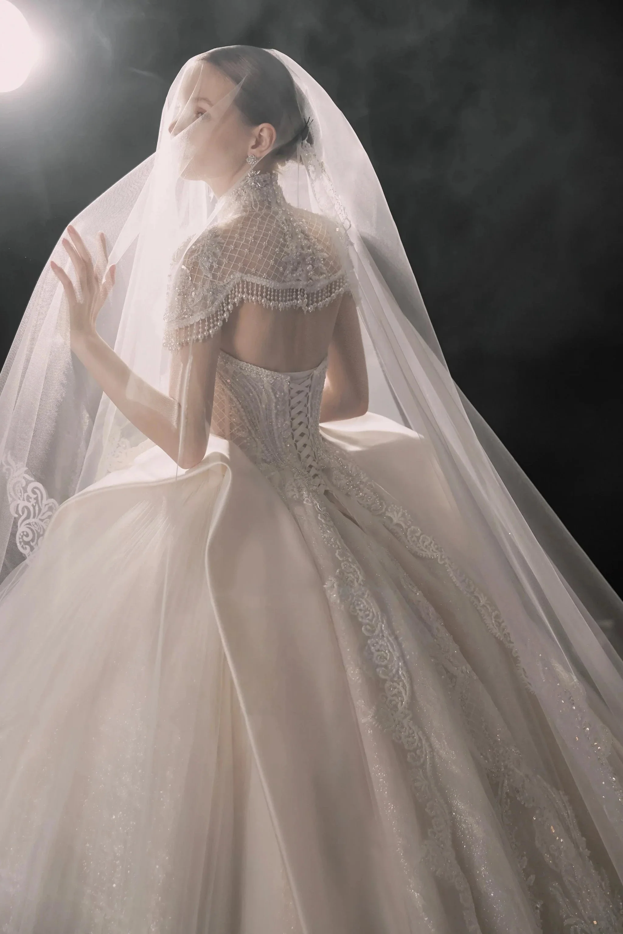 Regal High-Neck Ball Gown Beaded Mesh Capelet Satin Panel Wedding Dress with Embroidered Train Q6005 - Image 4