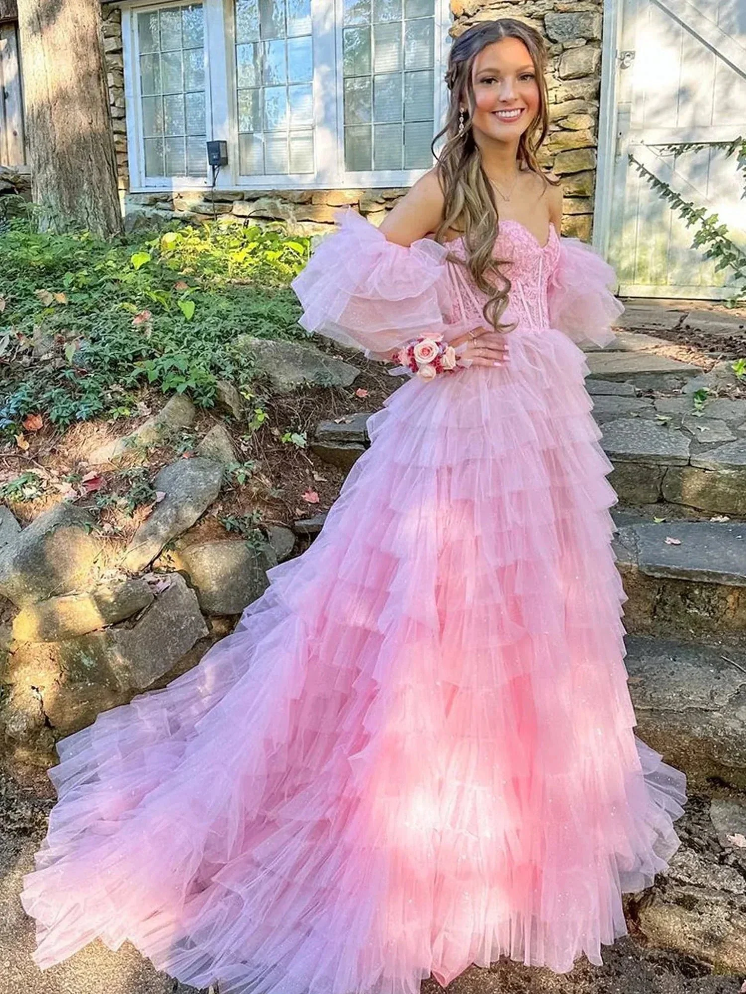Lunaire | A Line Sweetheart Pink Tiered Tulle Prom Dress with Slit - Image 2