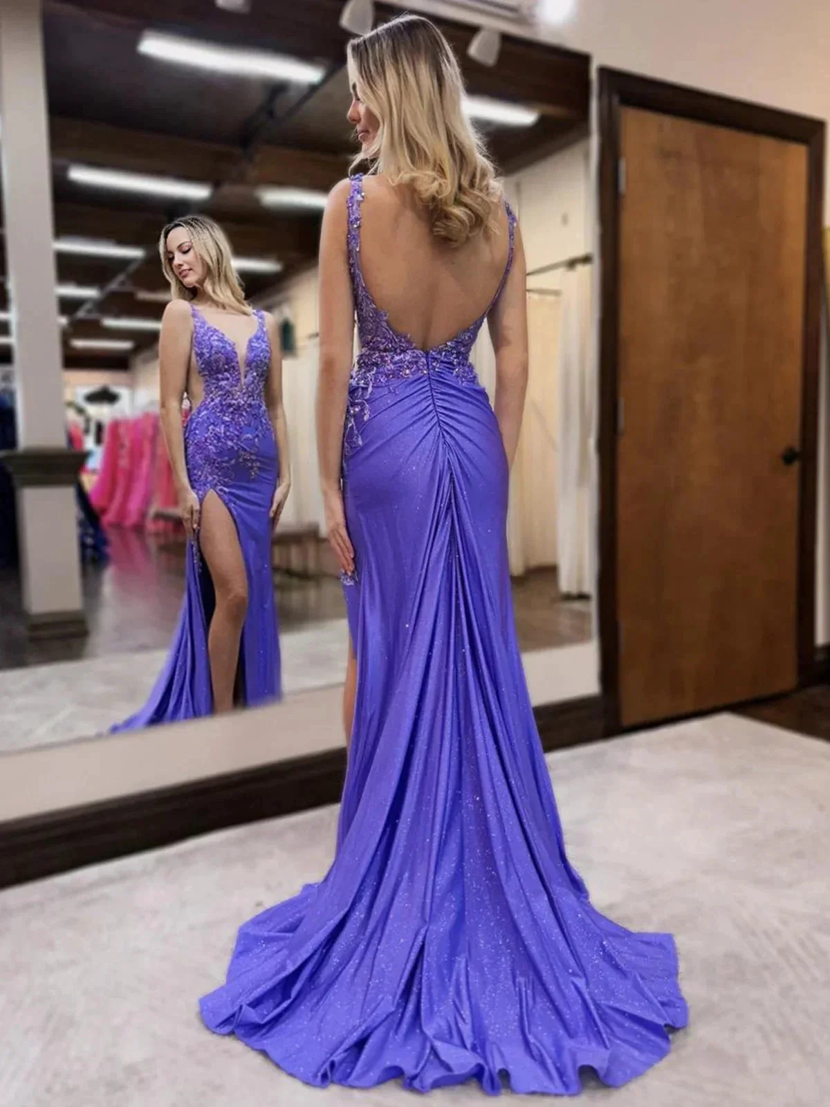 Lunarise | Mermaid V Neck Purple Satin Long Prom Dresses with Beading - Image 2