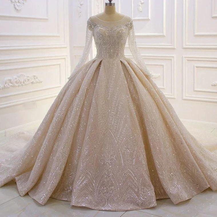 Luxurious A-line Lace Sequined Wedding Dress With Long Sleeves - Image 2
