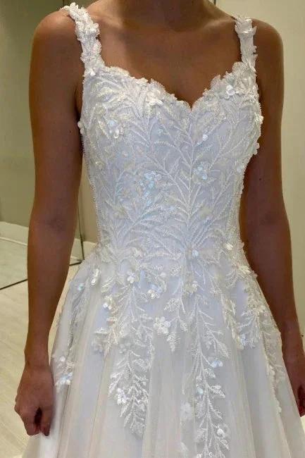 Luxurious A-Line Lace Sweetheart Sleeveless White Long Wedding Dress With Appliques - Image 2