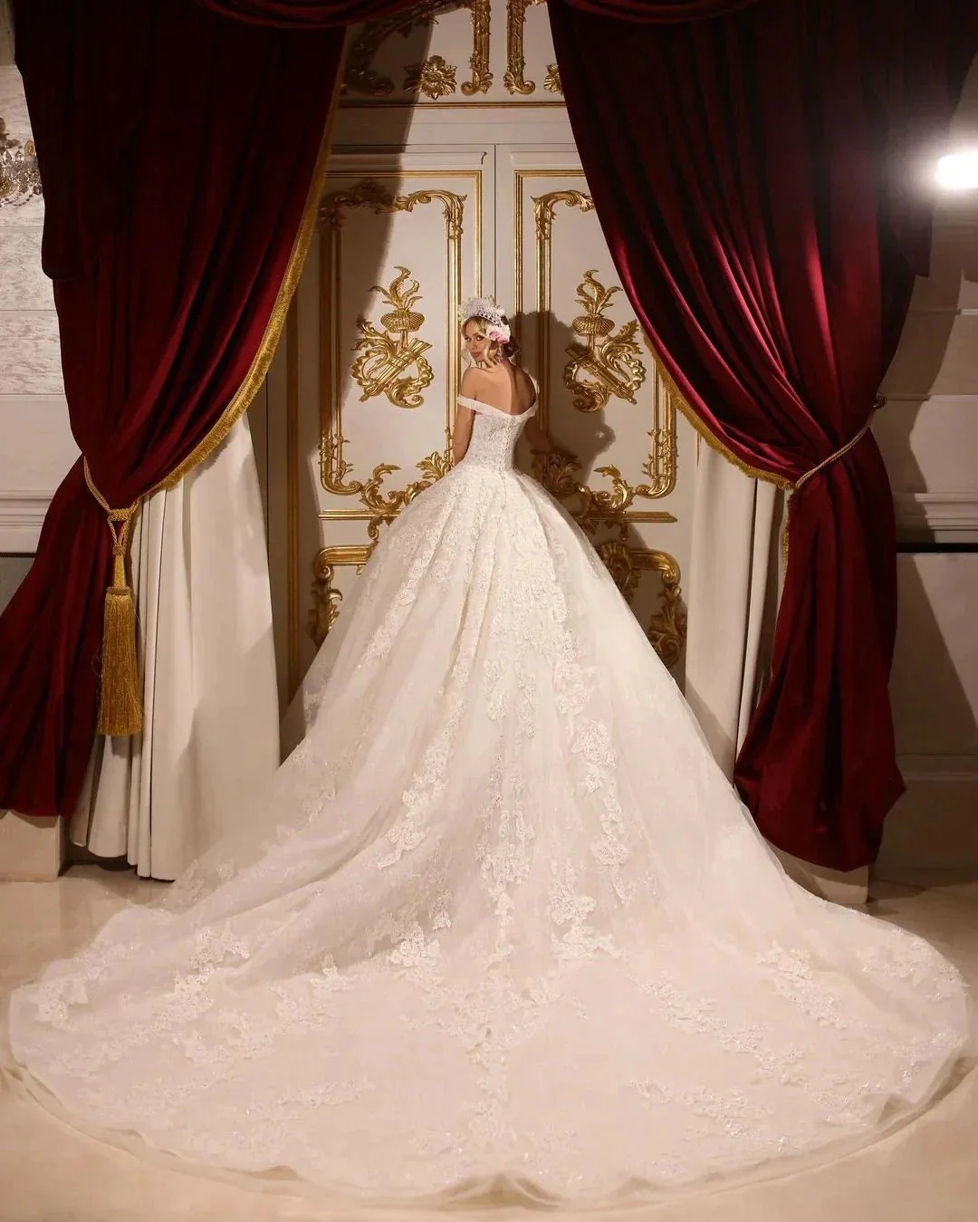Luxurious A-line Long Off-the-shoulder Appliques Beading Wedding Dress With Train - Image 2
