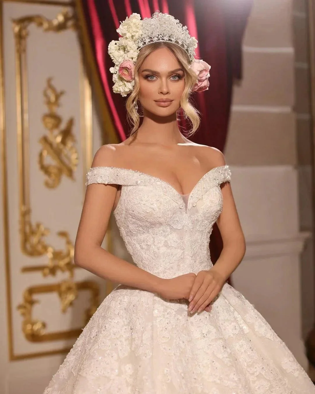 Luxurious A-line Long Off-the-shoulder Appliques Beading Wedding Dress With Train - Image 3