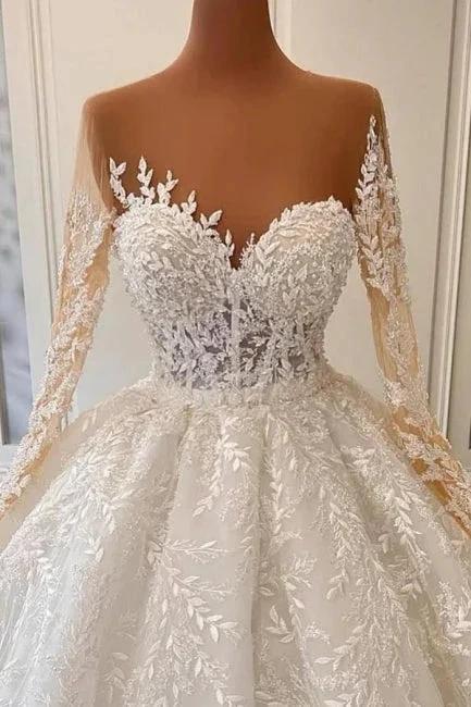 Luxurious A-line Long Sleeve Lace Ball Gown Princess Wedding Dresses - Image 2