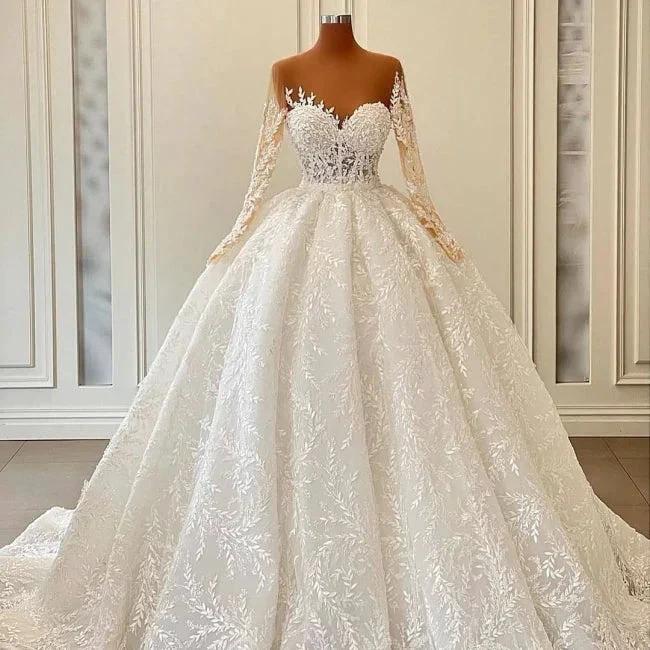 Luxurious A-line Long Sleeve Lace Ball Gown Princess Wedding Dresses - Image 3