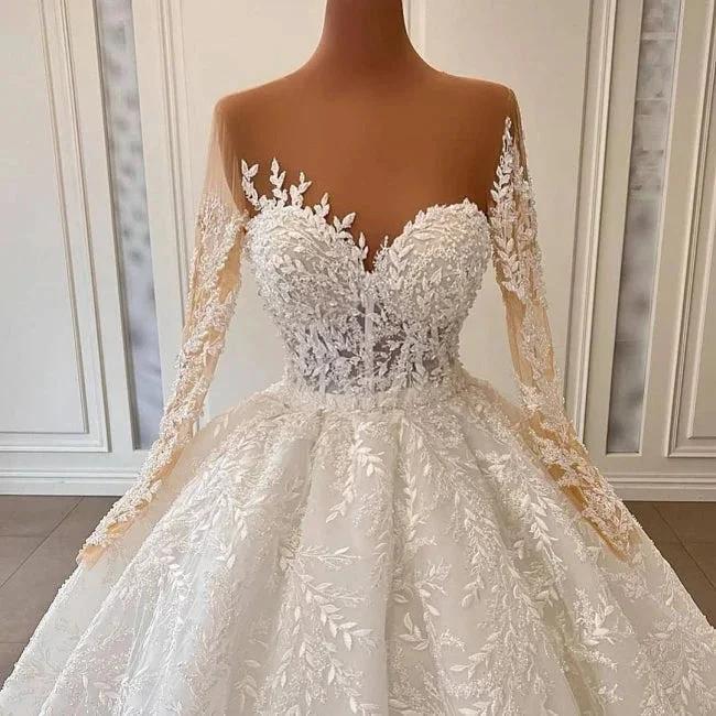 Luxurious A-line Long Sleeve Lace Ball Gown Princess Wedding Dresses - Image 4
