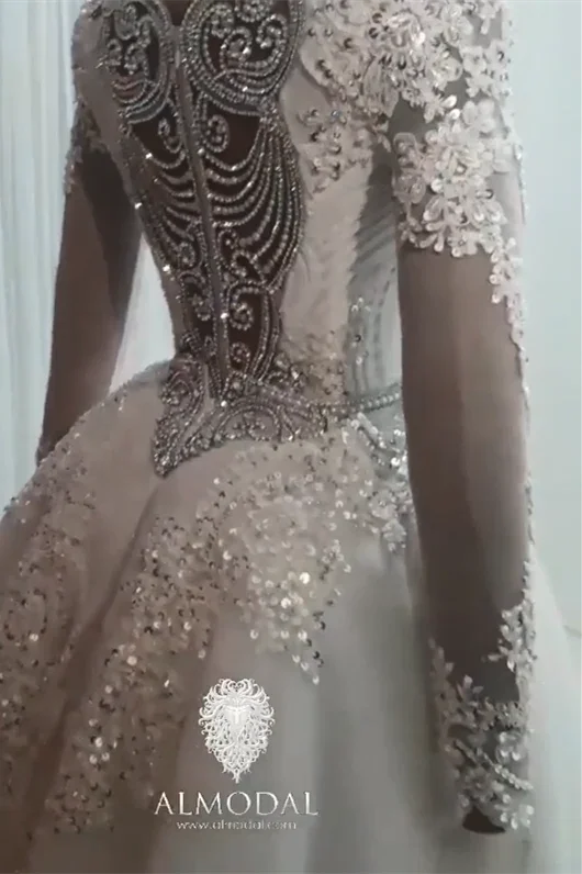 Luxurious A-line Long Sleeves Beading Wedding Dress With Train - Image 3