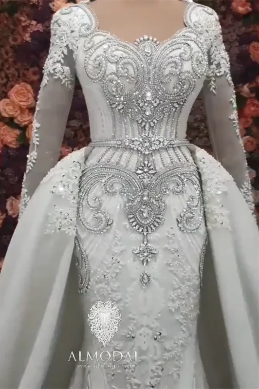 Luxurious A-line Long Sleeves Beading Wedding Dress With Train - Image 4