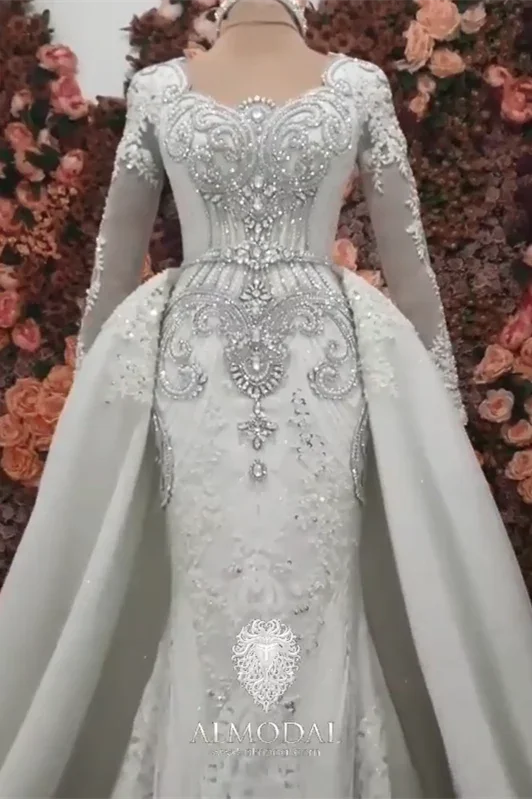 Luxurious A-line Long Sleeves Beading Wedding Dress With Train - Image 5