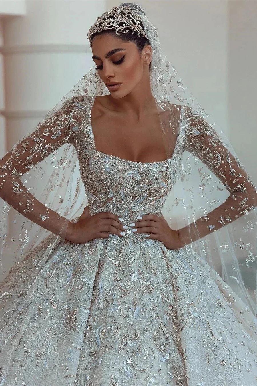 Luxurious A-line Long Sleeves Lace Wedding Dress With Train - Image 3
