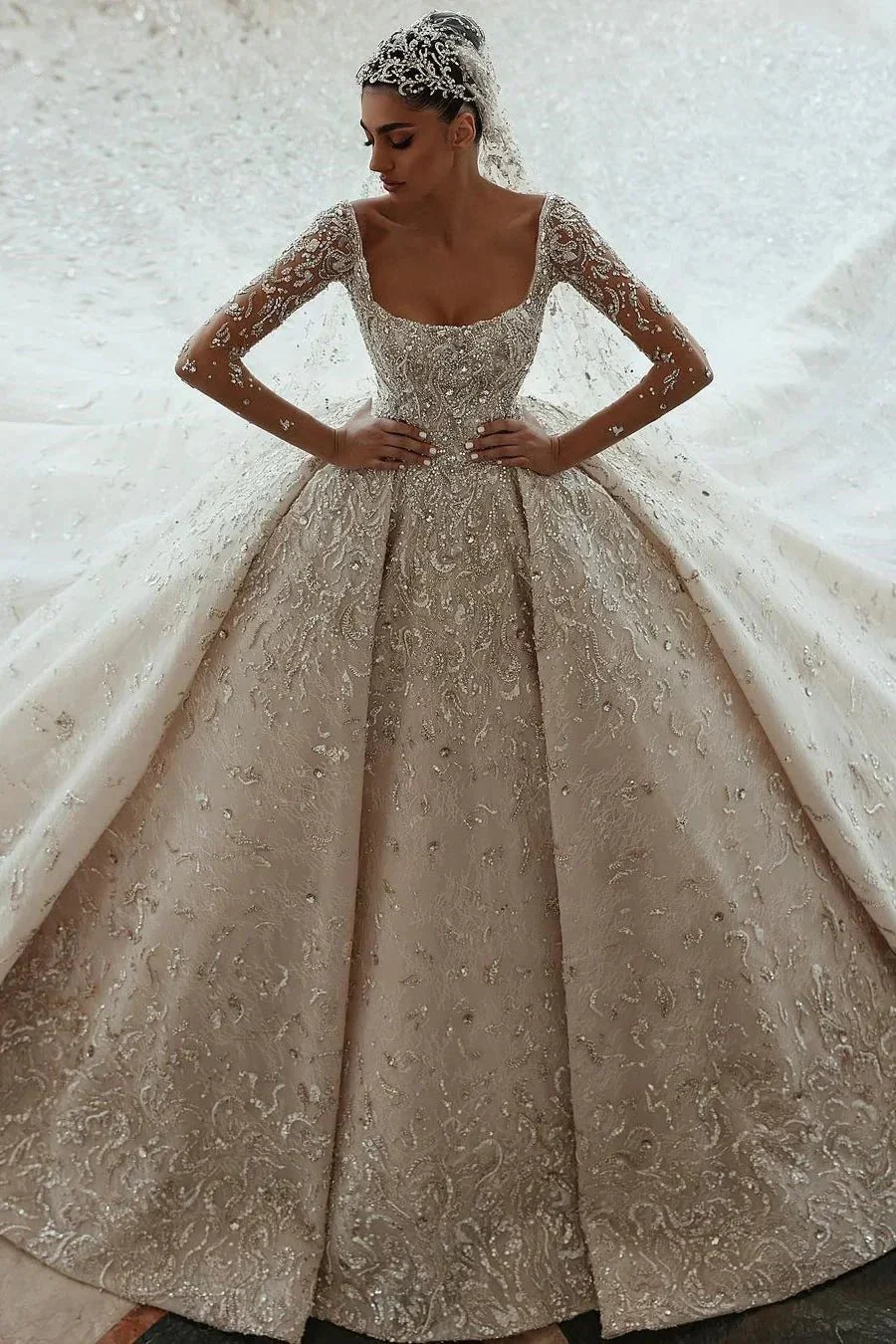 Luxurious A-line Long Sleeves Lace Wedding Dress With Train - Image 6