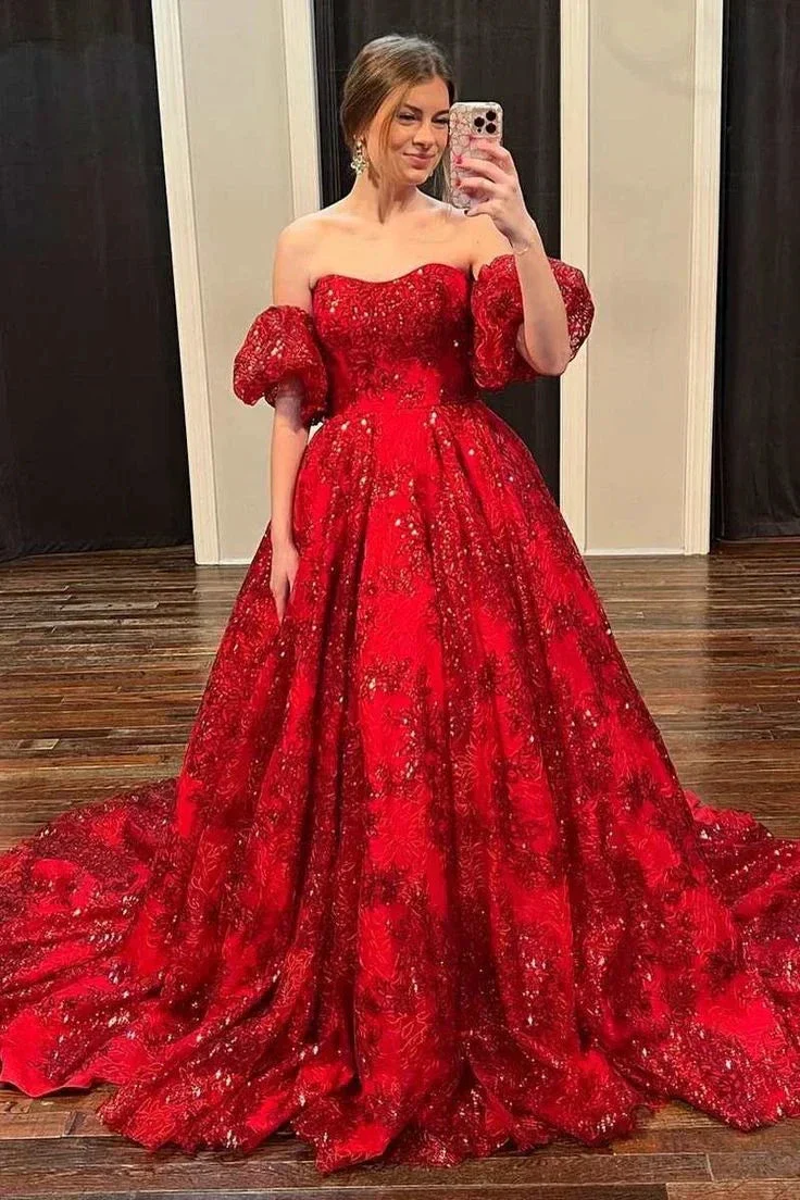 Red Floral Lace Strapless Ball Gown with Puff Sleeves Y5975 - Image 3
