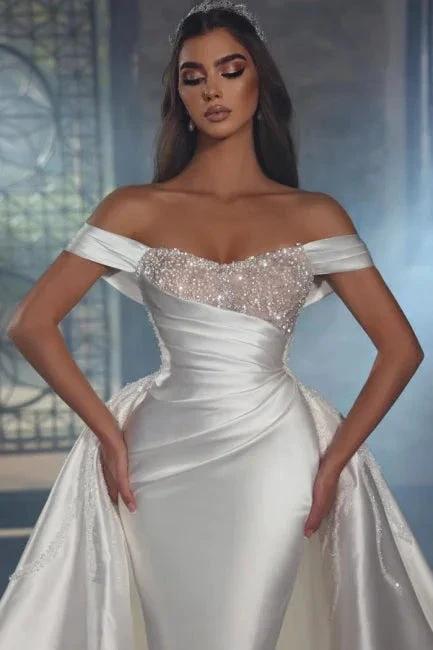 Luxurious A-line Satin Off-the-shoulder Beading Sleeveless Wedding Dresses With Glitter - Image 2