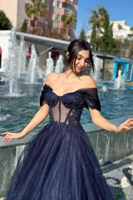 Luxurious A-Line Tulle Off-The-Shoulder Sleeveless Prom Dress With Appliques - Image 3