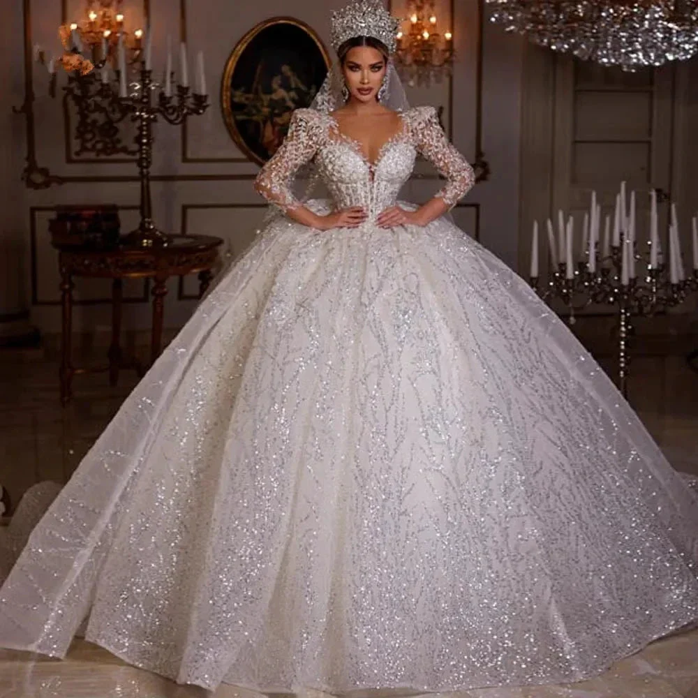 Luxurious Ball Gown Sparkly Wedding Dresses 2023 V Neck Long Sleeve Robe De Mariee Lace Beaded Princess Glitter Vestido De Novia - Image 2