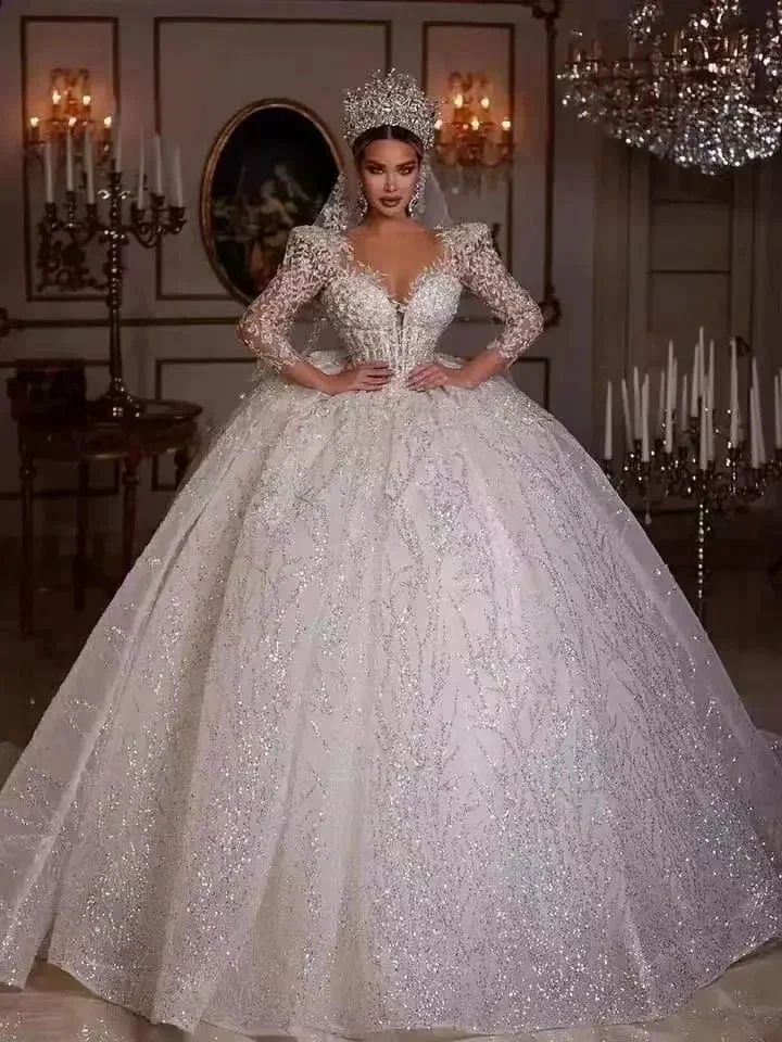 Luxurious Ball Gown Sparkly Wedding Dresses 2023 V Neck Long Sleeve Robe De Mariee Lace Beaded Princess Glitter Vestido De Novia - Image 3