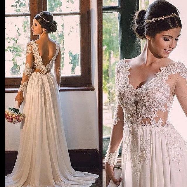 Designer Sweep Train Chiffon V-Neck Lace Backless Wedding Dress - Image 2