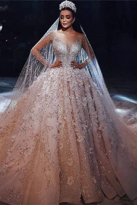 Gorgeous Beading Floral Bridal Wears Sheer Neck Long Sleeves Princess Wedding Dress - Image 2