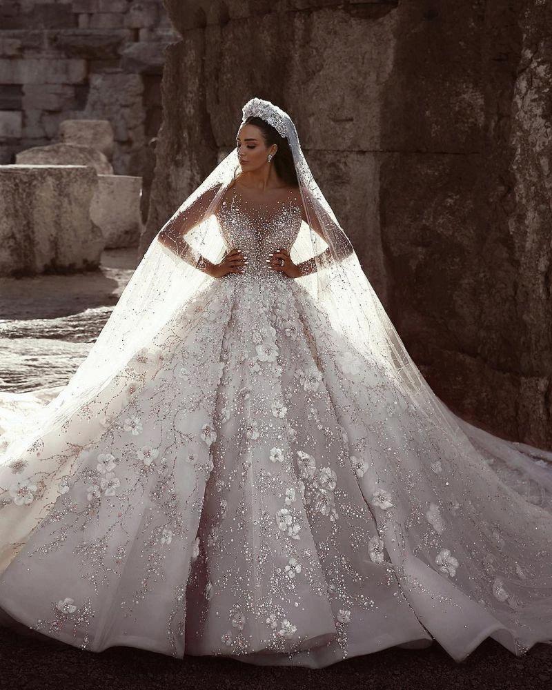Gorgeous Beading Floral Bridal Wears Sheer Neck Long Sleeves Princess Wedding Dress - Image 3