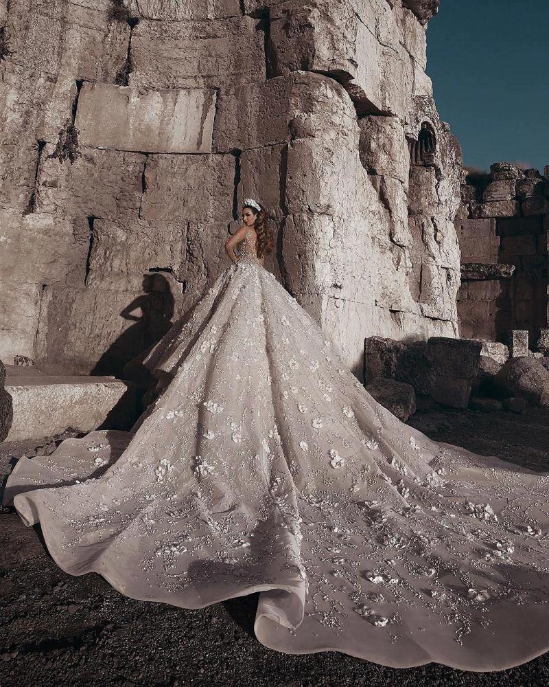 Gorgeous Beading Floral Bridal Wears Sheer Neck Long Sleeves Princess Wedding Dress - Image 4