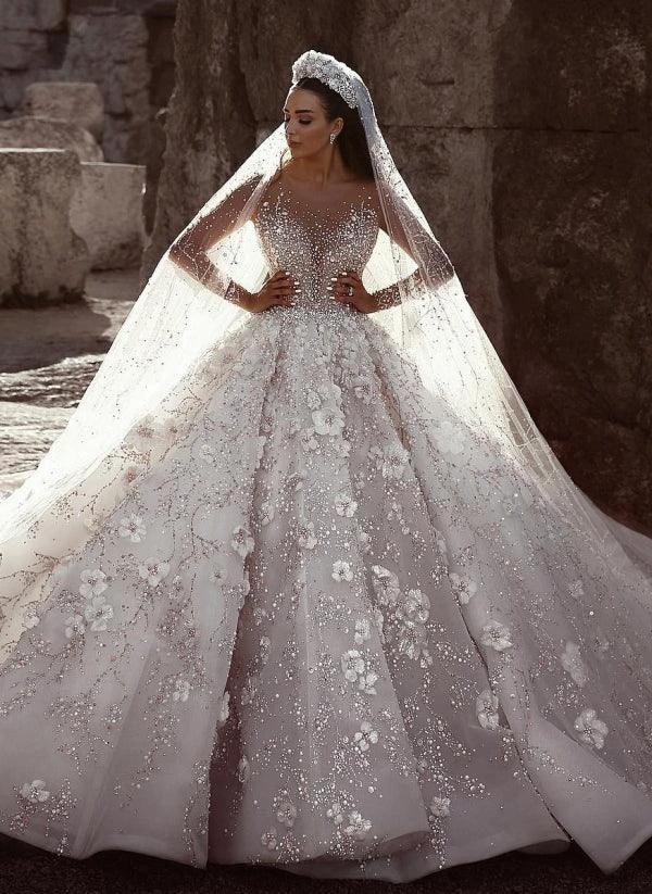 Gorgeous Beading Floral Bridal Wears Sheer Neck Long Sleeves Princess Wedding Dress - Image 7