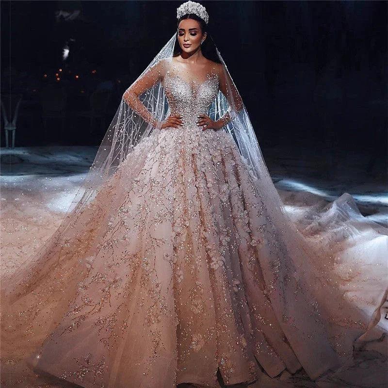 Gorgeous Beading Floral Bridal Wears Sheer Neck Long Sleeves Princess Wedding Dress - Image 8