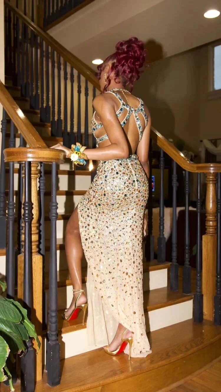 Luxurious Crystal Mermaid Evening Dress Side Slit Sexy Evening Gown Y547 - Image 3