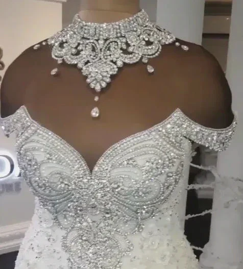 Gorgeous Crystals Mermaid Wedding Dress Off-the-Shoulder Appliques Bridal Wears - Image 3