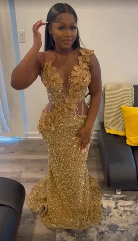 Luxurious Gold Sequins Appliques Evening Dress Mermaid Prom Dress Y7880 - Image 2