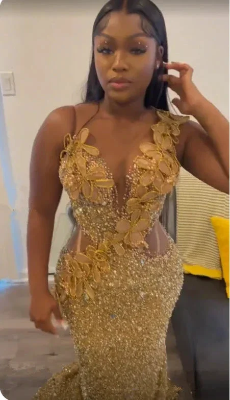 Luxurious Gold Sequins Appliques Evening Dress Mermaid Prom Dress Y7880 - Image 3